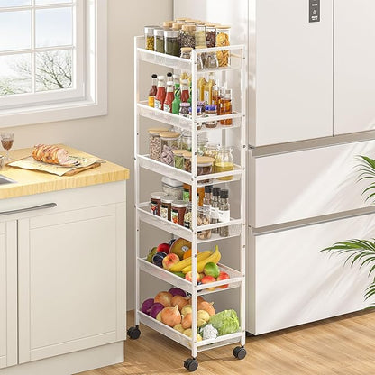 6 Tier Slim Rolling Storage Cart, Narrow Mobile Shelving Unit Organizer Utility Cart with Wheels, Metal Wire Storage Rack with Baskets for Kitchen, Bathroom, Laundry & Living Room, 10in(W) White