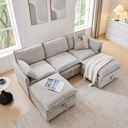 88.98" Sectional Couches for Living Room, Cloud Couch Sectional with Large Storage, U-Shape Modular Sectional Sofa with Ottoman, 5 Chenille Seater with Pillow for Apartment, Bedroom, Light Grey
