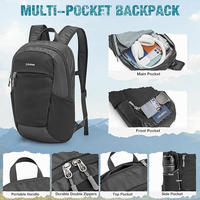 G4Free Packable Hiking Backpack 20L Lightweight Foldable Travel Daypack with Thickened Back Panel for Men Women(Black)