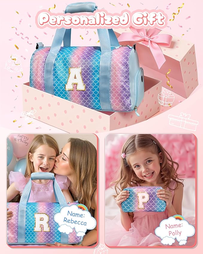 Gifts for 4 5 6 7 8 9 10 Year Old Girls-Girl Gym Bag with Shoe Compartment, Kid Personalized Weekender Overnight Bags, Initial Travel Tote with Makeup Pouch, Gift for Daughter (Letter G)
