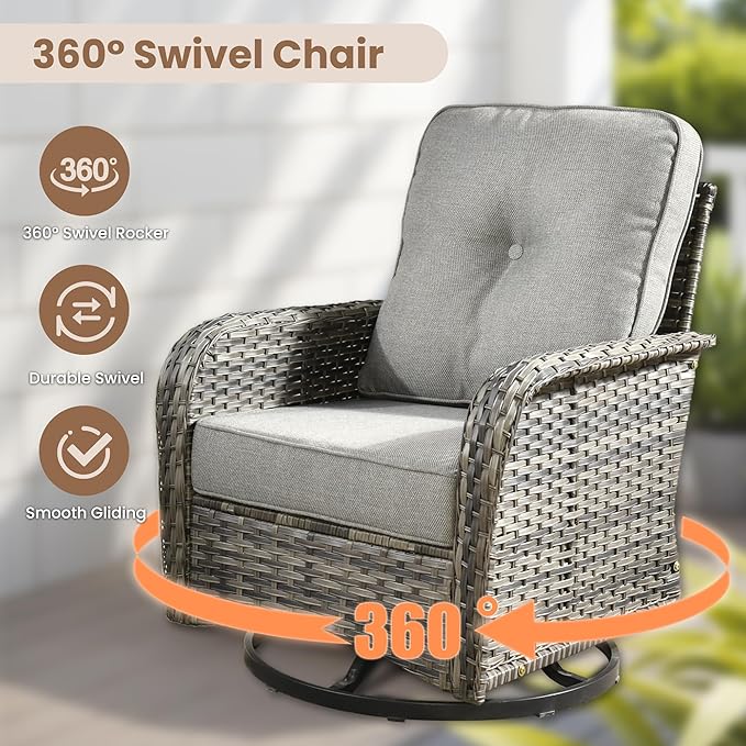 HOOOWOOO Patio Furniture Set,8 Pieces Outdoor Conversation Set,All Weather Wicker Loveseat Sofa Set with High Back Swivel Rocking Chairs Tables,Dark Gray