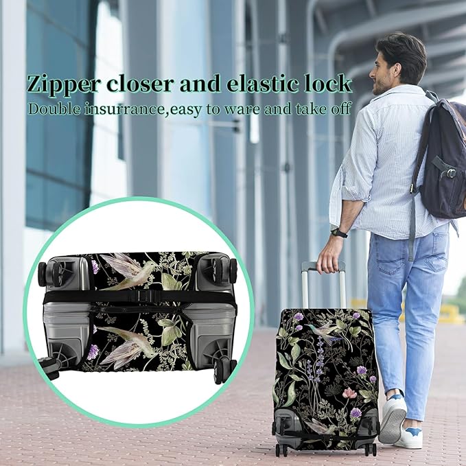 Luggage Cover Suitcase Protector + Luggage Tag, Wild Flowers Hummingbird Travel Suitcase Cover for 29-30 inch Luggage (XL) with Concealed Zipper Washable Elastic Cloth Dustproof Anti-Scratch