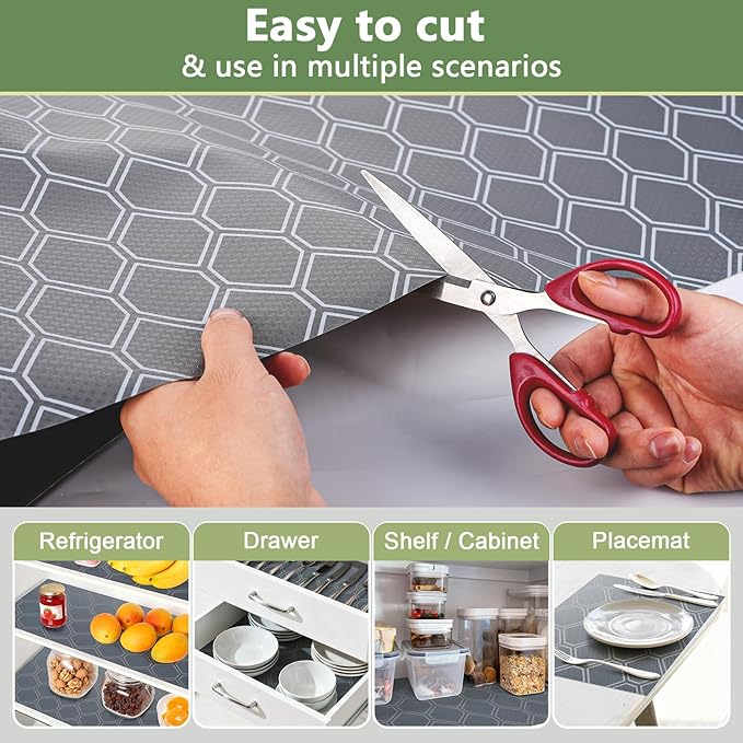 Non Adhesive Shelf Liner, Waterproof Drawer Liners for Kitchen Cabinet Refrigerator, No Slip Bathroom Sink Liners, Cupboard Fridge Liner EVA Place Mat Roll -17.5" x 118" Grey