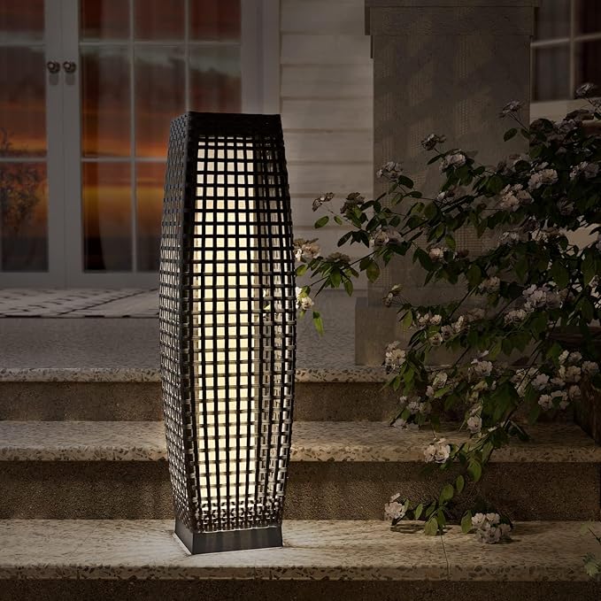 Grand patio 2-Piece Outdoor Floor Lamp Solar Powered Lantern Water-Resistant Wicker Deck Light for Garden or Porch - Medium Fuji, Silver Gray