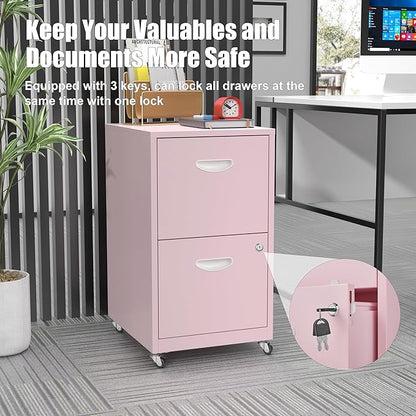 2 Drawer Mobile File Cabinet with Lock, Metal Filing Cabinets with Wheels, Pink Rolling Storage Cabinet, Under Desk Vertical File Cabinet for Home Office, Lockable Steel Two Drawer for Letter Size