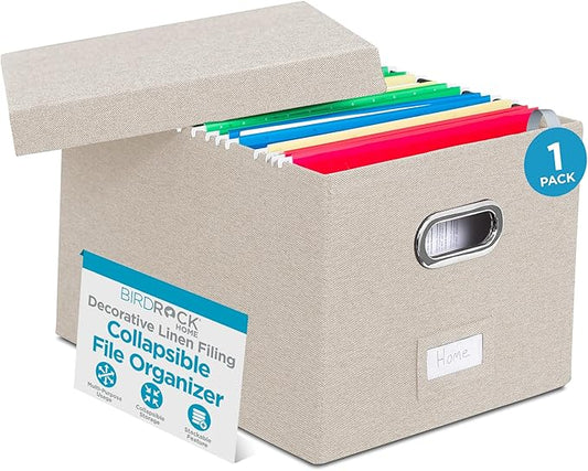 Internet's Best Collapsible File Storage Organizer Box with Lid - Decorative Linen Hanging Filing & Storage Office Box - Letter/Legal - Strong Durable - Toys Blankets Binders - Cream - 1 Pack