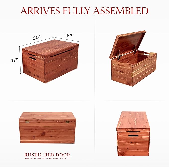 Amish Made Wooden Storage Chest Trunk Box with Lid and Handles for Bedroolanket, Clothes, Anti-Slam Hinges, Handmade, Rustic, Cedar Wood, Natural Stain, 36"