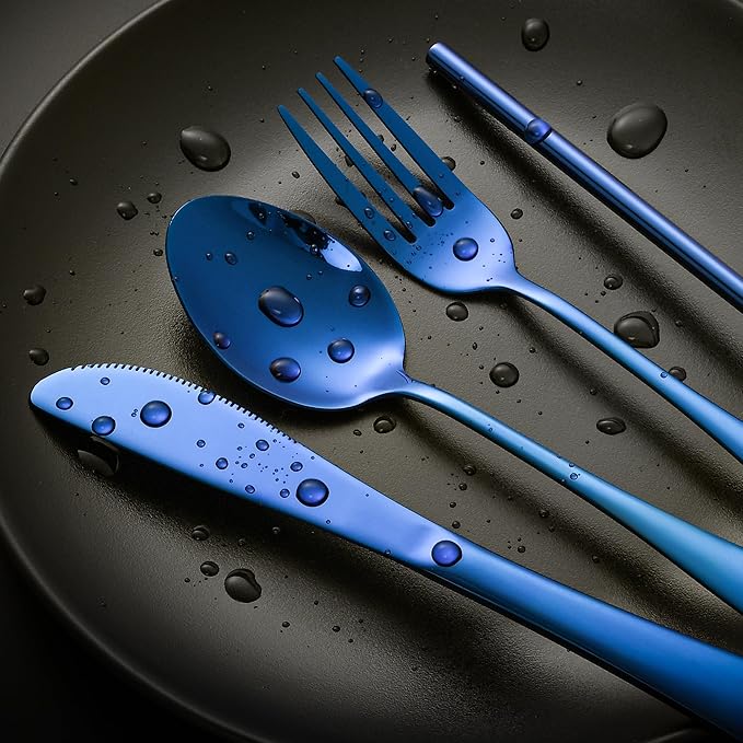 Boulder Bee | Travel Utensils Set | Reusable Camping Cutlery Set | Stainless Steel Flatware Set | Portable Silverware Set with Case | Includes Knife/Fork/Spoon/Straw/Cleaning Cloth/Case (Blue)