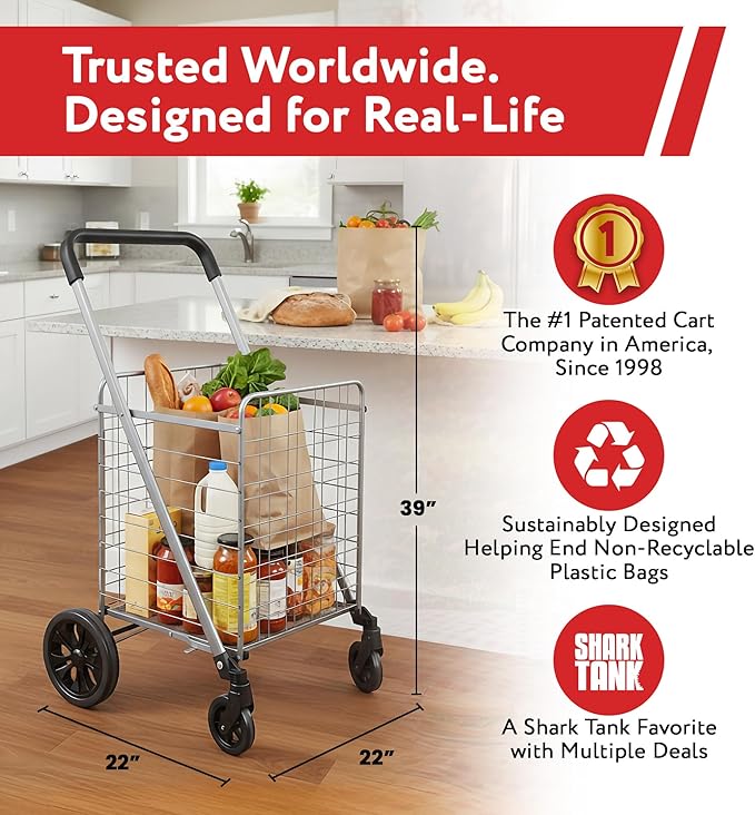 dbest Products Cruiser Cart Deluxe 2 - Foldable Shopping Cart with Wheels for Groceries - Heavy Duty Utility Cart with Brake System - Collapsible Laundry Cart - USA Designed - Holds 100 lbs - Silver