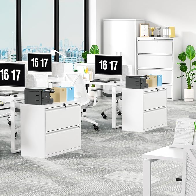 Bonusall Lateral File Cabinet with Lock, 2 Drawer Locking Lateral Filing Cabinet for Legal/Letter Size, Metal Horizontal File Organizer with Hanging Rack for Home Office, Heavy Duty, White