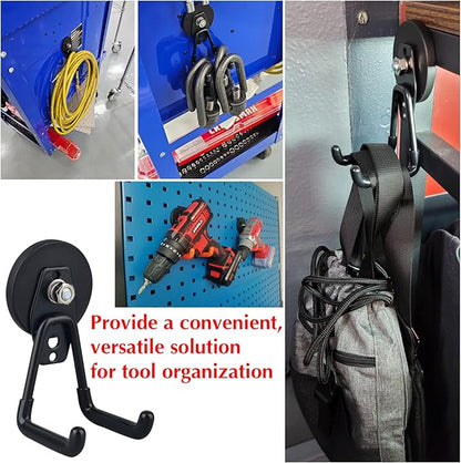 MUTUACTOR Heavy Duty Magnetic Hook,2PCS Anti-Slip Storage Magnet Hooks for Organizer, Magnetic Mount Garage Double Utility Hooks Hanging Impact Drivers Garden Hoses Hardware Box