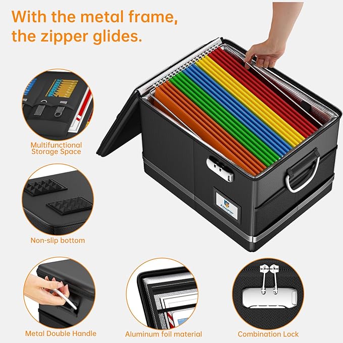 Fireproof Document Box,5200°F File Organizer Box with Lock,Foldable Filing Organizer Cabinet, Portable Safe Storage for Hanging Letter/Legal Folder,Black