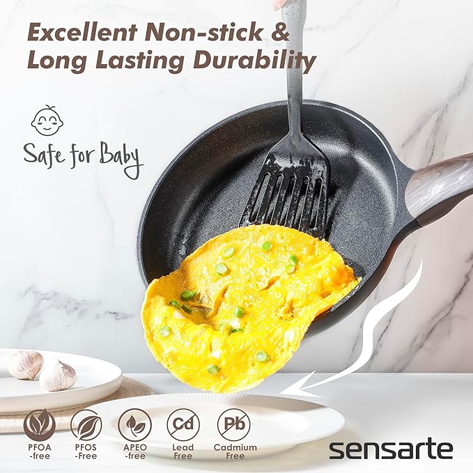 SENSARTE Pots and Pans Set Non stick, Non toxic Healthy Induction Cookware Set, 14 Pcs Non Stick Kitchen Cooking Set with Frying Pans Set & Saucepan, PFOA PFOS APEO Free, Black