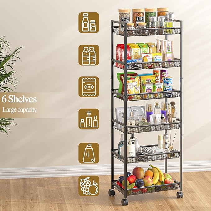 6 Tier Slim Rolling Storage Cart, Narrow Mobile Shelving Unit Organizer Utility Cart with Wheels, Metal Wire Storage Rack with Baskets for Kitchen, Bathroom, Laundry & Living Room, 10in(W) Black