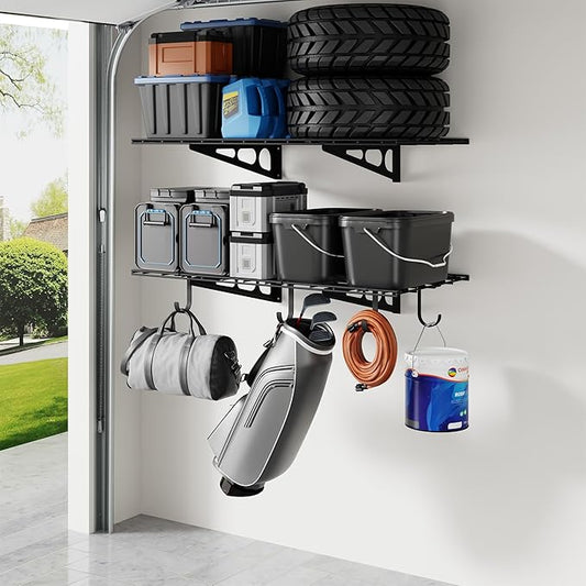 FLEXIMOUNTS 2-Pack 2x4ft Garage Shelving with Hooks, 24-inch-by-48-inch Wall Shelf Garage Storage Racks Floating Shelves, Black, Classic Series