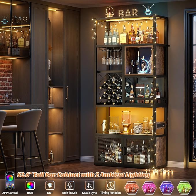 82.6" Tall Bar Cabinet with Power Outlets, 6-Tiers Reversible Wine Cabinet with LED Lights, Glass Holder & Wine Rack, Liquor Storage Cabinet Coffee Bar Station for Dining Living Room, Rustic Brown