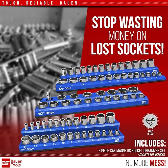 Magnetic Socket Organizer Set -3 Piece Metric Magnetic Socket Holder Set Blue - 1/2-inch, 3/8-inch & 1/4-inch Drive, Holds 75 Sockets, Professional Grade Socket Tray Organizer. NEW VERSION