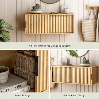 Floating TV Stands Set of 2, Modern Fluted Large Floating Nightstand Wall Mounted Bedside Cabinet with Sliding Doors for Bathroom, Living Room, Bedroom, Natural Oak