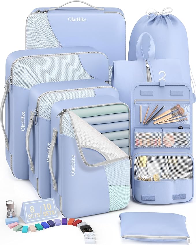8 Set Packing Cubes for Travel, Gifts for Women Mom,Anti-Tearing Suitcase Organizer for Luggage with Shoe & Hanging Toiletry Bag,OlarHike Vacation Essentials & Accessories for Cruise Ship,Blue