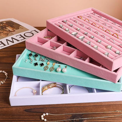 Frebeauty Stackable Velvet Jewelry Organizer Trays for Drawers Inserts Jewelry Storage Tray Display Case, Stud Earrings Bracelets Necklace Rings Accessories Trays for Women(Set of 4)(Turquoise)