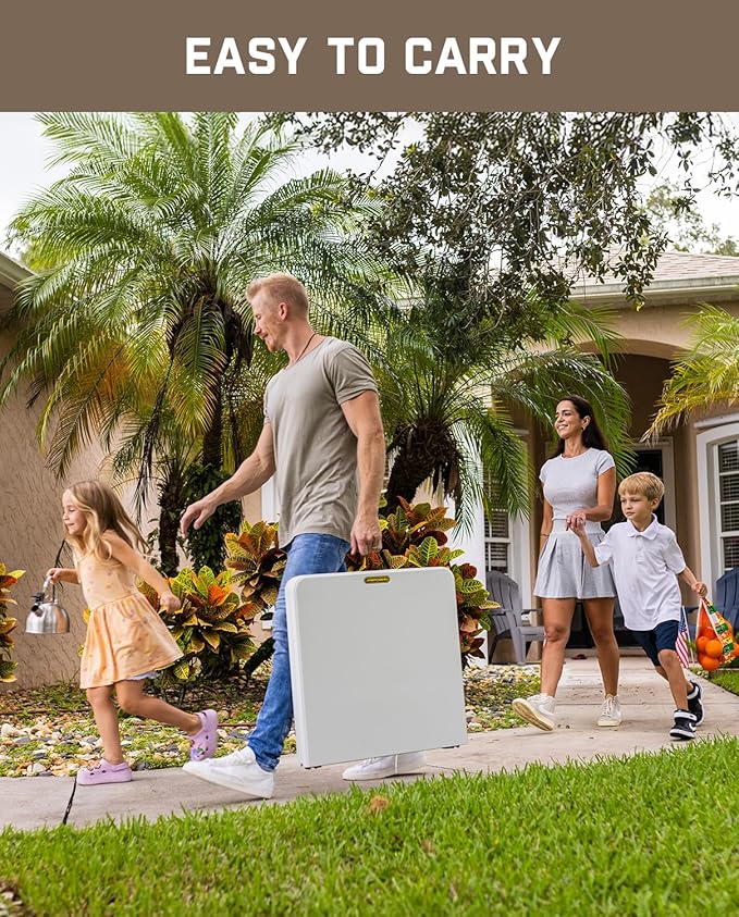 FanttikOutdoor 4ft Portable Folding Table, One-Handed Height Adjustment, 4 Heights, Gravity Lock, Carry Handle, Indoor Outdoor Heavy Duty Fold-in-Half Utility Table, Party, 1 Pack, White Zeta X4 Pro