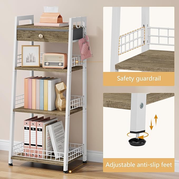 4-Tier Ladder Shelf with Drawer, Bathroom Stand Floor Storage Shelf, Freestanding Tower Table Ladder-White.
