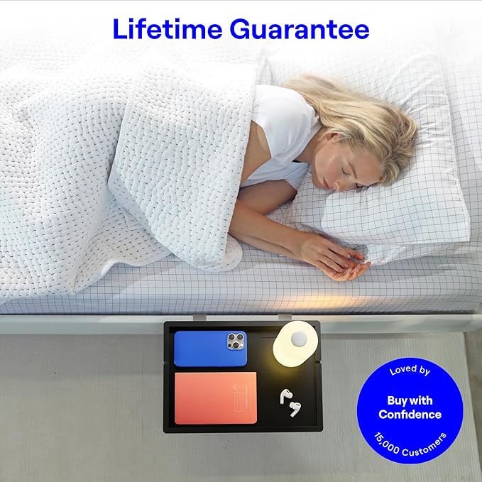 BedShelfie Bedside Shelf for Dorm Room Bunk Bed & Top Bunk, College Dorm Room Essentials, Bedside Caddy, Clip on Floating Desk Tray, Bed Side Table Storage, Loft Nightstand Decor - Black Wood Slide