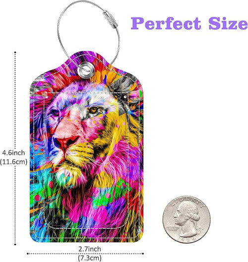 2 Pack Luggage Tags for Suitcase Colorful Abstract Lion Leather Stainless Steel Loop Label Tags for Women Men Travel Bag Suitcase with Privacy Cover Name ID Card