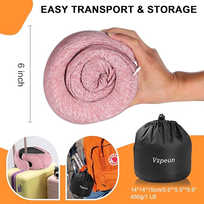 Travel Pillow - Hooded Neck Pillow Airplane Memory Foam Filling for Plane, Office, Cars Sleeping, Road Trip, Long Flights, Portable Plane Accessories, Includes Eye Mask & Earplugs (Red)