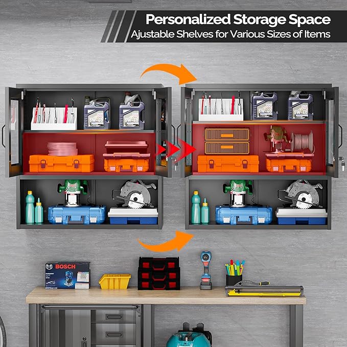 VINGLI Metal Wall Cabinet with Locking Glass Doors & Magnetic LED Sensor Light, Adjustable Shelf, Wall Mounted Storage Display Cabinets for Garage, Kitchen, Home Office, Warehouse, Living Room, Black