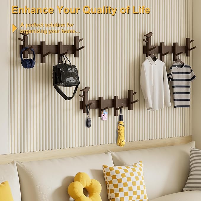 Coat Rack Wall Mount，Solid Acacia Wall Mounted Coat Rack with 4+2 Heavy Duty Wall Hooks for Hanging Coats，Backpacks，Towels，etc. Coat Hooks Wall Mount for Entryway, Bathroom,etc