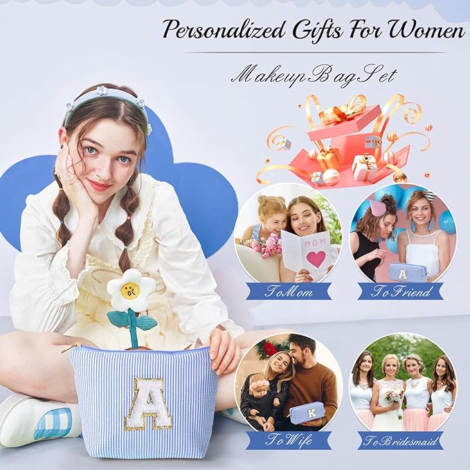 YOOLIFE Teen Girl Gifts Trendy Stuff | Makeup Bag | Cosmetic Bag | Makeup Pouch Teen Girl Gifts Trendy Stuff | Mothers Day Gifts | Birthday Gifts for Women Girls | Thank You Gifts Blue | Initial J