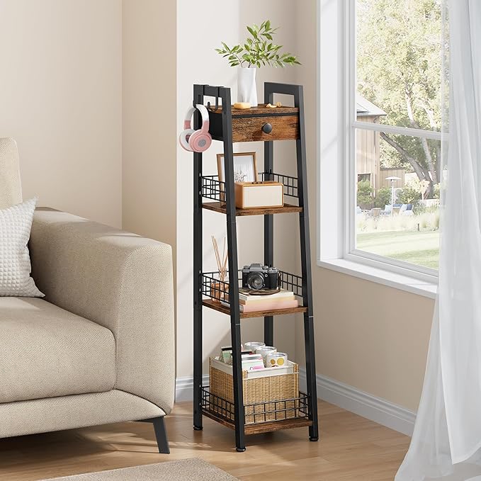 4-Tier Narrow Bathroom Table Ladder Shelf with Drawer, Bathroom Stand Floor Storage Shelf, Freestanding Tower Shelf Ladder -Rustic Brown.