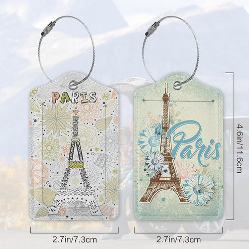 2 Pack Funny Luggage Tags with for Suitcases, Vintage Eiffel Towe Paris PU Leather Luggage Tag Accessories Privacy Cover ID Label with Stainless Steel Loop for Travel Bag for Women Girls Teens