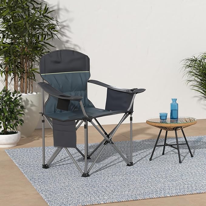 HIGH POINT SPORTS Camping Folding Chair, Heavy Duty Oversized Portable Outdoor Chair, Foldable Camp Chair with Cup Holder and Cooler Bag Support 450 LBS, Green…