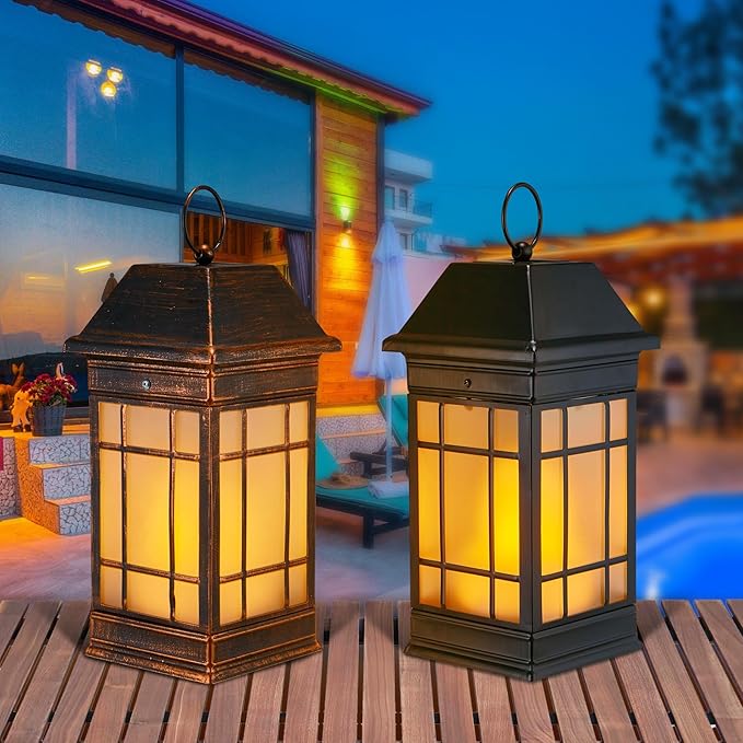 14" Solar Lantern Outdoor Waterproof, Glass Flickering Flame Solar Lanterns, Hanging Metal Lantern Decorative for Patio Front Porch Garden Backyard Tabletop Mothers Day Gifts Mom