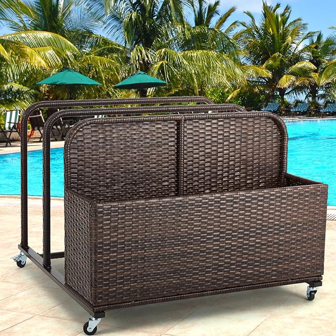 Poolside Float Storage Organizer, Outdoor Wicker Rattan Pool Float Holder Storage Rack for Basket Box Patio Pool Storage Caddy with Rolling Wheels for Pool Toy Noodles Equipment Accessroies Espresso