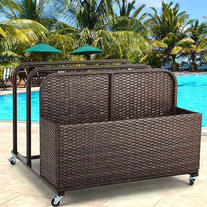 Poolside Float Storage Organizer, Outdoor Wicker Rattan Pool Float Holder Storage Rack for Basket Box Patio Pool Storage Caddy with Rolling Wheels for Pool Toy Noodles Equipment Accessroies Espresso