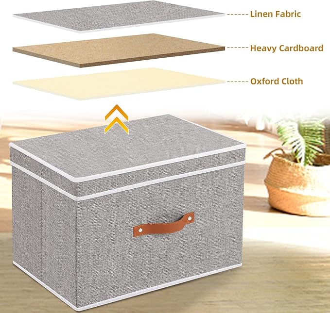 Collapsible Storage Bins with Lids, Linen Foldable Cloth Baskets, 17.7 x 11.8 x 11.8 Inch Closet Organizer Containers with Double Handles, Sweater Boxes for Bedroom, Grey, 5 Pack