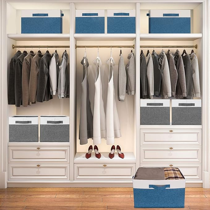 GhvyenntteS Storage Baskets for Shelves 3 Pack, Large Fabric Storage Bins with 3 Handles, Collapsible Closet Organizers and Storage, Sturdy Closet Organizer Bins/Laundry Room Organization, Blue