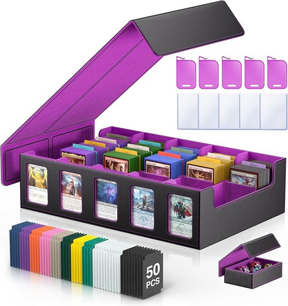 Trading Card Storage Box 5-Row 3900+ Capacity,TCG MTG Card Case with Magnetic Lid & Commander Display,Top Loader Storage for Sports Cards,Includes Dividers Dice Box（Black Purple）