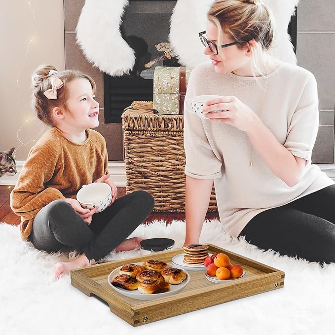 VaeFae Acacia Bed Table Tray, Wooden Breakfast Tray with Folding Legs, Bed Tray for Eating and Laptop, Eating Trays for Bedroom