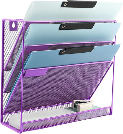 EASEPRES Desk File Organizer Mesh 4-Tier, Hanging Wall Mount Document Organization Stand, Desktop Vertical Mail Paper Folder Holder Rack with Bottom Tray for Office Home Cubicle Countertop, Purple