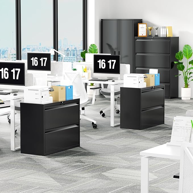 Bonusall Lateral File Cabinet with Lock, 2 Drawer Locking Lateral Filing Cabinet for Legal/Letter Size, Metal Horizontal File Organizer with Hanging Rack for Home Office, Heavy Duty, Black