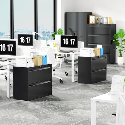 Bonusall Lateral File Cabinet with Lock, 2 Drawer Locking Lateral Filing Cabinet for Legal/Letter Size, Metal Horizontal File Organizer with Hanging Rack for Home Office, Heavy Duty, Black