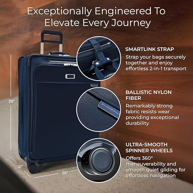 Briggs & Riley 29" Large Expandable Spinner - Checked Luggage for Travel, Suitcases with Wheels, Softside Rolling Bag for Men & Women, Self-Repairing Zipper - Baseline Collection, Navy