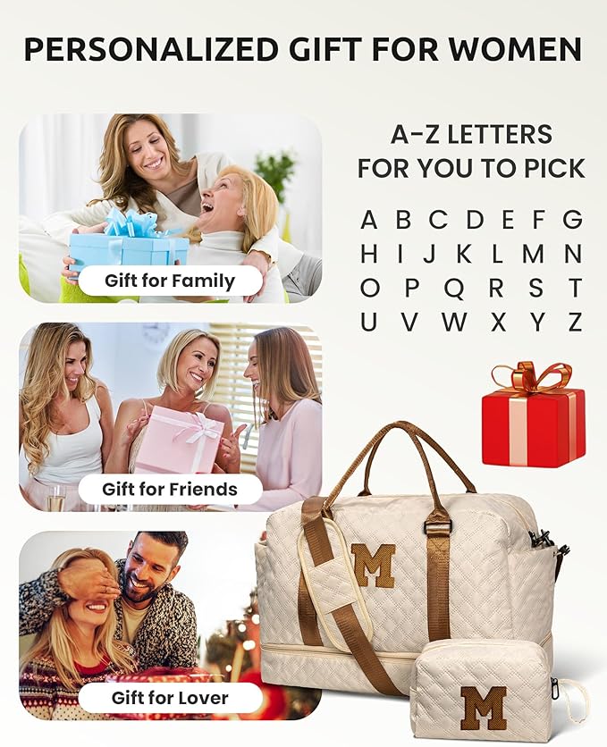 Initial Duffle Bag with Shoe Compartment, Personalized Weekender Bag, Monogram Overnight Bag for Women with Trolley Sleeve & Wet Pocket, Letter Travel Bag with Makeup Bag (Letter D), Beige