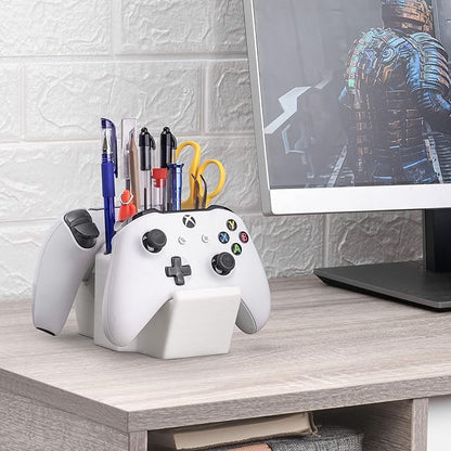 Game Controller Holder & Desktop Pen Organizer Stand With Ten Slots for Pens, Pencils, Stationery, Craft Tools & More - Universal Design for PS5 XBOX SERIES X ONE PS4 SWITCH PC Gamepads - D05 - White