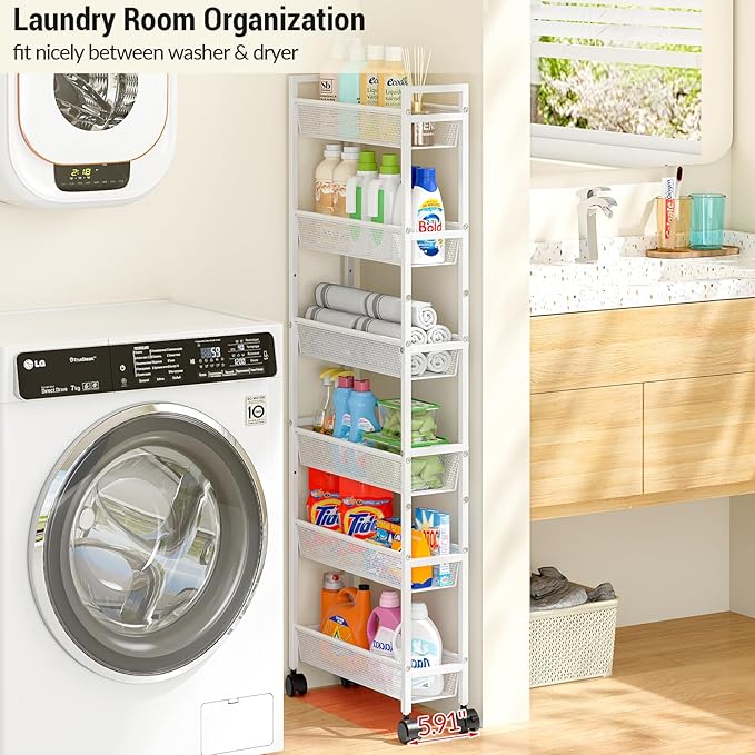 6 Tier Slim Storage Cart, Narrow Cart with Wheels, Metal Mobile Shelving Unit Organizer for Bathroom, Kitchen, Laundry Room, Living Room & Narrow Spaces, White, 6in(W)