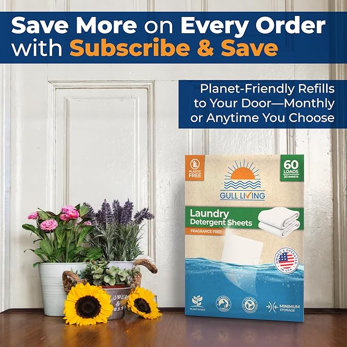 Gull Living Home Travel Laundry Detergent Sheets - 60 Loads Pack - Eco Laundry Detergent Sheets Unscented - Tackles Tough Stains - Travel Friendly